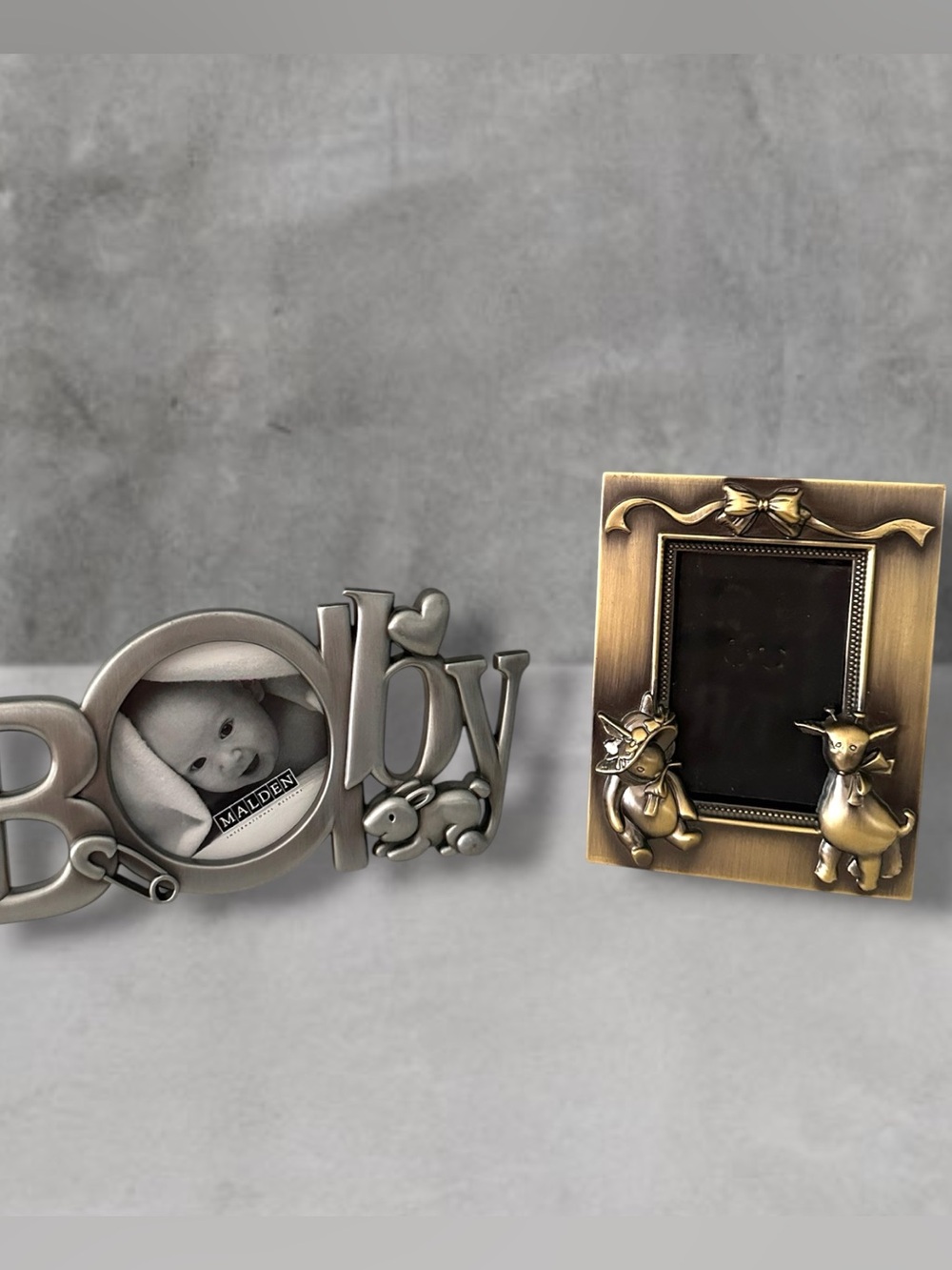 2 MINI VINTAGE BRASS PEWTER Picture Frame 2.5- 2x3  Bunny Giraffe Bow BUNNY B6